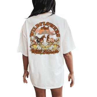 Retro Floral Desert Wildflowers Wild Horses Western Country Women's Oversized Comfort T-Shirt Back Print | Mazezy