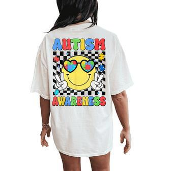 Retro Groovy Autism Awareness Hippie Smile Face Boy Girl Kid Women's Oversized Comfort T-Shirt Back Print | Mazezy