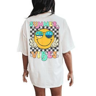 Retro Groovy Summer Vibes Smile Face Hello Summer Vacation Women's Oversized Comfort T-Shirt Back Print | Mazezy