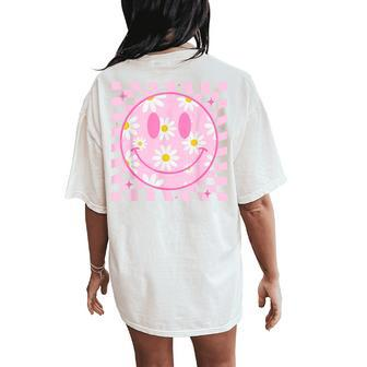 Retro Happy Smile Face Checkered Pattern Pink Daisy Flower Women's Oversized Comfort T-Shirt Back Print - Monsterry AU