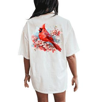 Watercolor Red Cardinal Floral Birdwatching Vintage Birding Women's Oversized Comfort T-Shirt Back Print - Monsterry AU