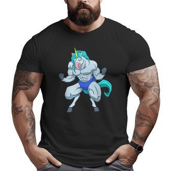 Fitness Bodybuilder Unicorn Shows Muscles Gym Big and Tall Men T-shirt | Mazezy