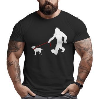 Bigfoot Walking With Bull Terrier Dog Big and Tall Men T-shirt | Mazezy