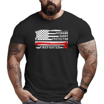 Mens Husband Daddy Protector Firefighter American Flag Fireman Big and Tall Men T-shirt | Mazezy
