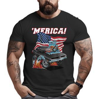 Merica Patriotic Classic Hot Rod Muscle Car Usa Flag Cartoon Patriotic Big and Tall Men T-shirt | Mazezy
