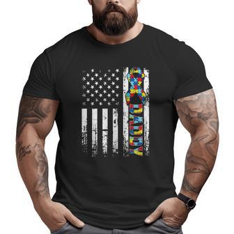 Retro American Flag Autism Daddy Awareness Autistic Big and Tall Men T-shirt | Mazezy