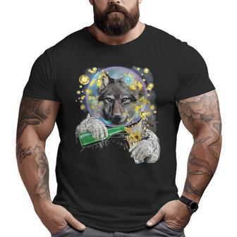Wolf As Astronaut In Space Enjoying Drink Big and Tall Men T-shirt | Mazezy