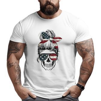 American Flag Skull Lady With Hair Bow And Glasses Flag Big and Tall Men T-shirt | Mazezy