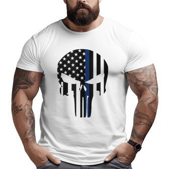 Blue Line American Skull Flag Support Police Big and Tall Men T-shirt | Mazezy