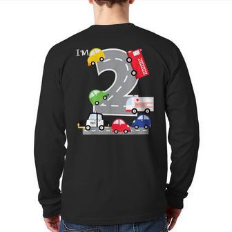 2Nd Birthday 2 Year Old Transportation Cars Fire Truck Back Print Long Sleeve T-shirt - Monsterry