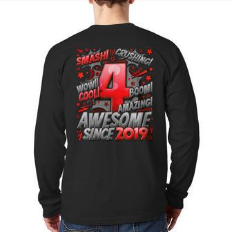 4Th Birthday Comic Style Awesome Since 2019 4 Year Old Boy Back Print Long Sleeve T-shirt - Monsterry