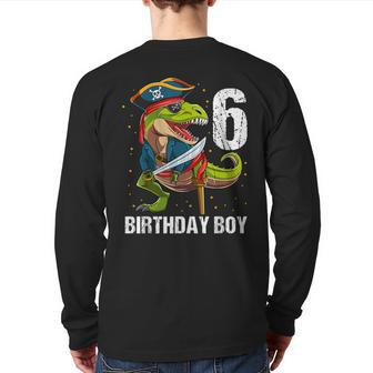 6 Year Old Dinosaur Pirate Hat 6Th Birthday Boy Back Print Long Sleeve T-shirt - Monsterry