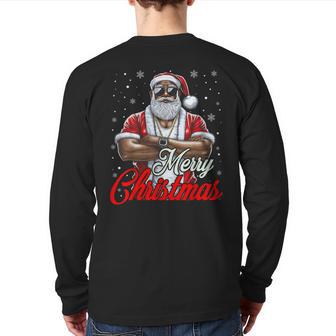 African American Santa Christmas Pajama Cool Black Back Print Long Sleeve T-shirt - Monsterry CA