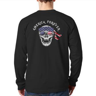 America Forever Patriotic Skull American Flag Sunglasses Back Print Long Sleeve T-shirt | Mazezy