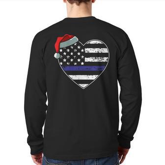 American Flag Blue Line Police Christmas Pajama Cop Officer Back Print Long Sleeve T-shirt - Monsterry