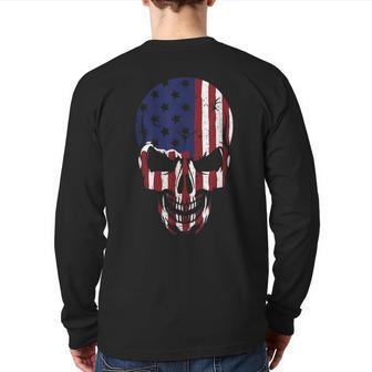 American Flag Skeleton Skull Head Back Print Long Sleeve T-shirt | Mazezy