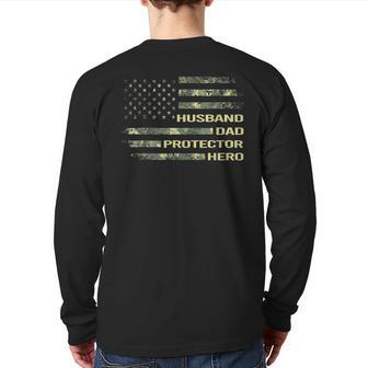American Husband Dad Protector Hero Army Fathers Day Back Print Long Sleeve T-shirt | Mazezy