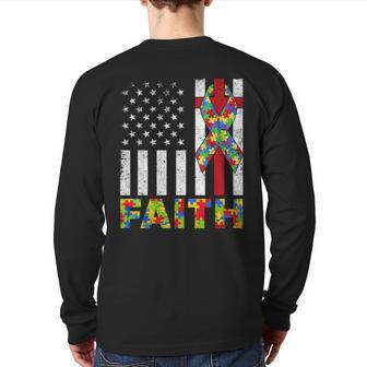 Autism Awareness Faith Cross Autistic Usa Flag For Dad Mens Back Print Long Sleeve T-shirt | Mazezy