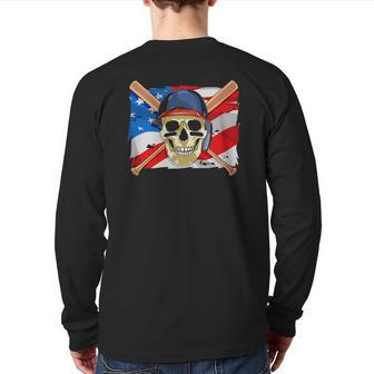 Baseball Skull 4Th Of July American Player Usa Flag Back Print Long Sleeve T-shirt | Mazezy