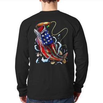 Bass Fishing Fish American Flag Dad Father Fourth Of July Back Print Long Sleeve T-shirt | Mazezy CA