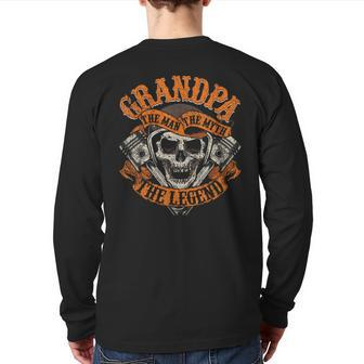 Biker Grandpa Man Myth Legend Fathers Day Grunge Motorcycle Back Print Long Sleeve T-shirt | Mazezy