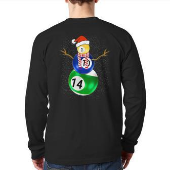 Billiards Christmas Snowman With Pool Table Balls Back Print Long Sleeve T-shirt | Mazezy