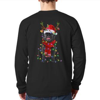 Black Pug Dog Tree Christmas Lights Xmas Pajama Back Print Long Sleeve T-shirt - Monsterry UK