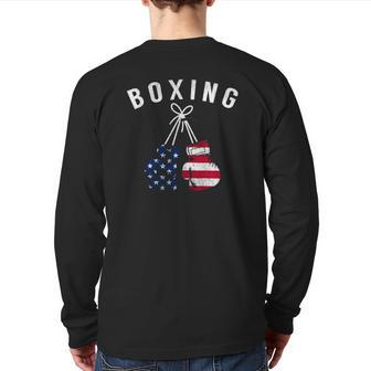 Boxing For Him Dad Men Box Gloves American Flag Usa Back Print Long Sleeve T-shirt | Mazezy