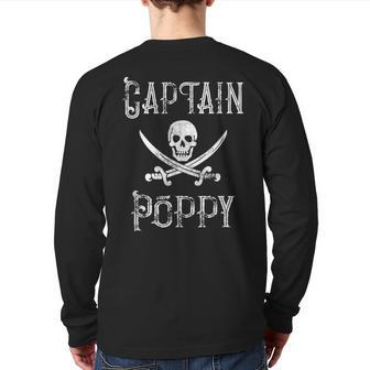 Captain Poppy Retro Personalized Pirate Pontoon Grandpa Back Print Long Sleeve T-shirt | Mazezy DE