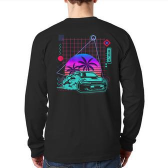 Car Drifting Aesthetic Vaporwave 80S Style Cars Lover Back Print Long Sleeve T-shirt - Monsterry