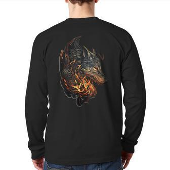 Celtic Wolf Fenrir Viking Nordic Vikings Flames Dad Themed Back Print Long Sleeve T-shirt | Mazezy