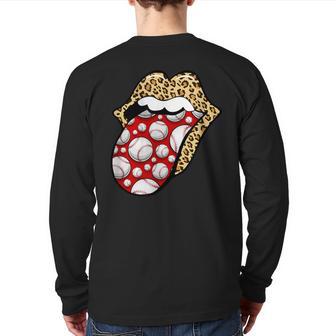 Cheetah Print Lips With Red White Baseball Tongue Back Print Long Sleeve T-shirt - Monsterry UK