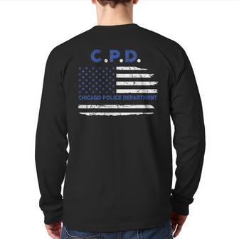 Chicago Police Officer American Flag Thin Blue Line Back Print Long Sleeve T-shirt - Monsterry UK