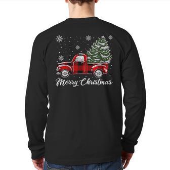 Christmas Tree Red Truck Pajama Vintage Buffalo Plaid Truck Back Print Long Sleeve T-shirt - Monsterry DE