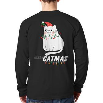 Cute Cat Merry Catmas Christmas Cat Lovers Santa Pajama Back Print Long Sleeve T-shirt - Seseable