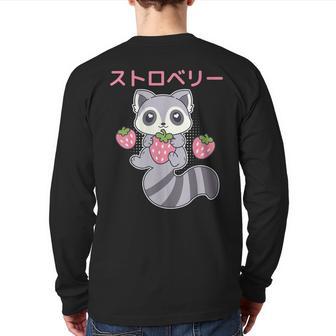 Cute Kawaii Raccoon Embrace A Big Strawberry Anime Back Print Long Sleeve T-shirt - Monsterry