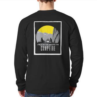 Dad And Son Outdoor Campfire On Mountain Summertime Back Print Long Sleeve T-shirt | Mazezy