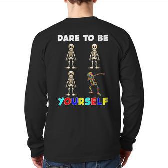Dare To Be Yourself Autism Awareness Dabbing Skeleton Back Print Long Sleeve T-shirt - Monsterry DE