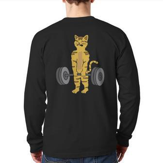 Deadlifting Cat Weightlifters Gym Workout Back Print Long Sleeve T-shirt | Mazezy