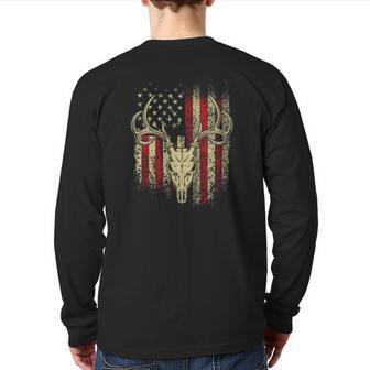 Deer Hunters Deer Skull On American Flag Back Print Long Sleeve T-shirt | Mazezy