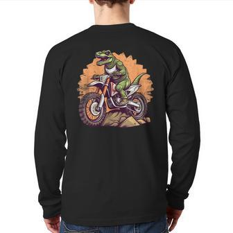 Dinosaur On Dirt Bike T-Rex Motorcycle Riding Back Print Long Sleeve T-shirt - Monsterry
