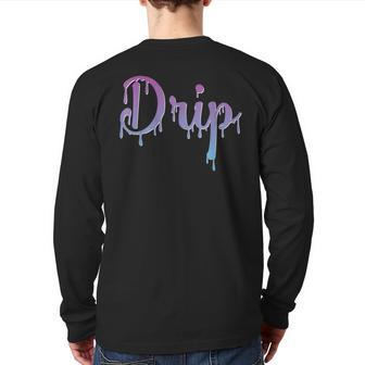 Drip Font Graphic Lettering Dripping Look Turquoise Purple Back Print Long Sleeve T-shirt - Monsterry