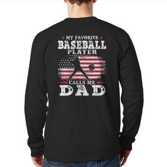 Favorite Baseball Player Calls Me Dad Usa Flag Father's Day Back Print Long Sleeve T-shirt | Mazezy