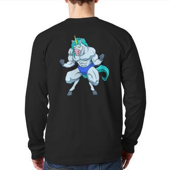 Fitness Bodybuilder Unicorn Shows Muscles Gym Back Print Long Sleeve T-shirt | Mazezy