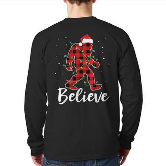 Believe Plaid Bigfoot Christmas Light Sasquatch Santa Back Print Long Sleeve T-shirt - Thegiftio UK
