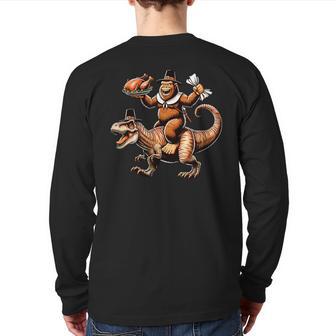 Bigfoot Riding T-Rex Vintage Thanksgiving Turkey Day Back Print Long Sleeve T-shirt - Monsterry UK