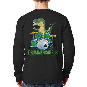 Dinosaur Musician T Rex Drummer Boys Drums Back Print Long Sleeve T-shirt - Monsterry