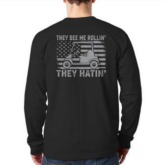 Golfer Dad Husband Mens Us Flag They See Me Rolling Back Print Long Sleeve T-shirt | Mazezy