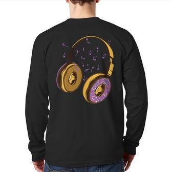 Music Notes And Bakery Sweets Donut Headphones Back Print Long Sleeve T-shirt - Monsterry AU