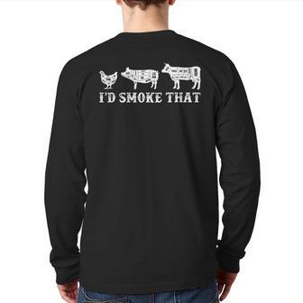 Retro Bbq Party Smoker Chef Dad I'd Smoke That Back Print Long Sleeve T-shirt | Mazezy